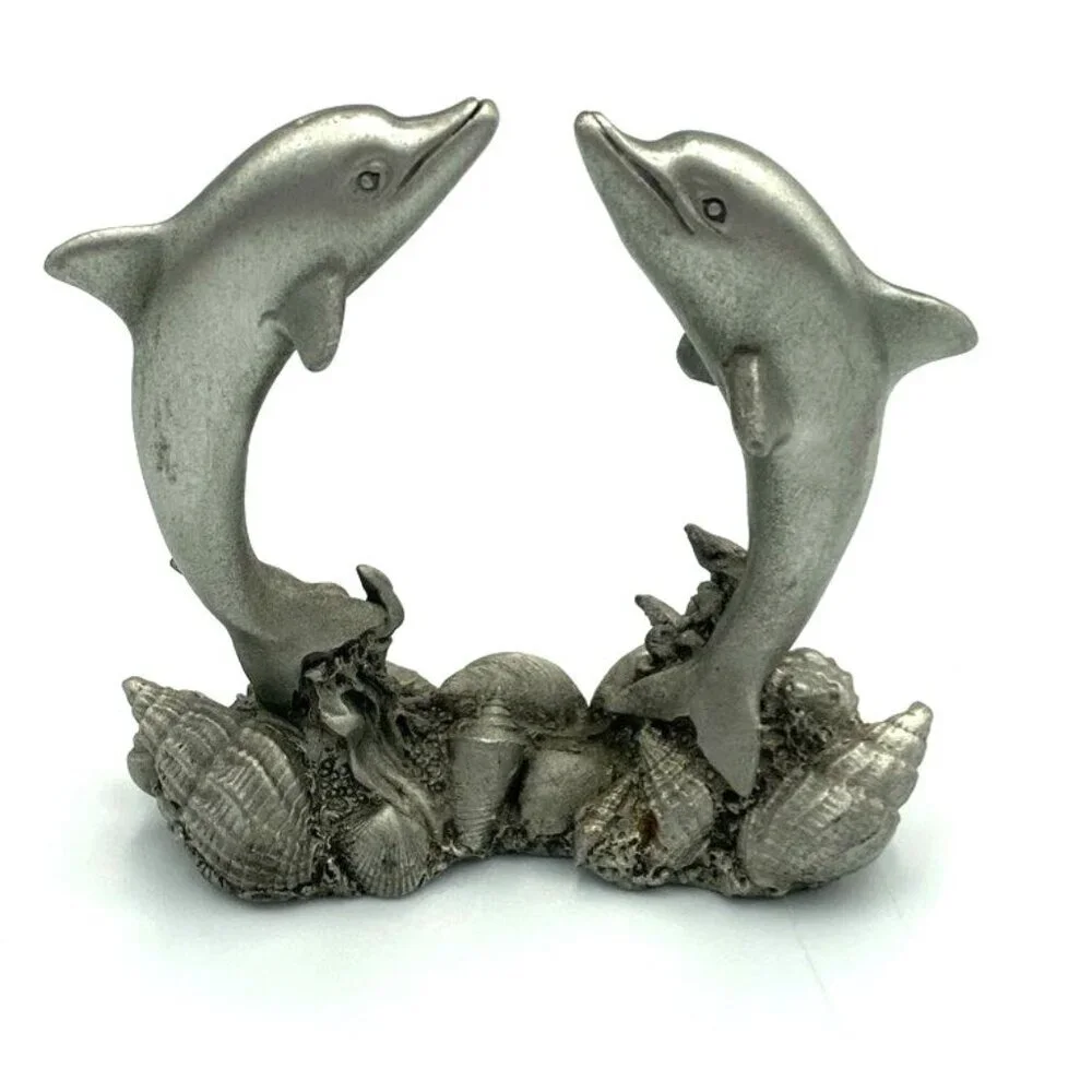 Vtg Spoontiques Pewter Dolphins‎ Figurine Jumping Seashells Nautical Beach USA